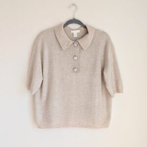 H&M Beige Wool Blend Rhinestone Flower Buttons Short Sleeve Sweater, size S